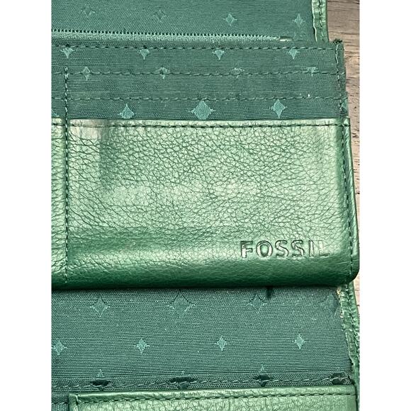 Vintage Fossil Marlow Trifold Checkbook Wallet Leather Kelly Green Keyper Cards - Picture 10 of 16